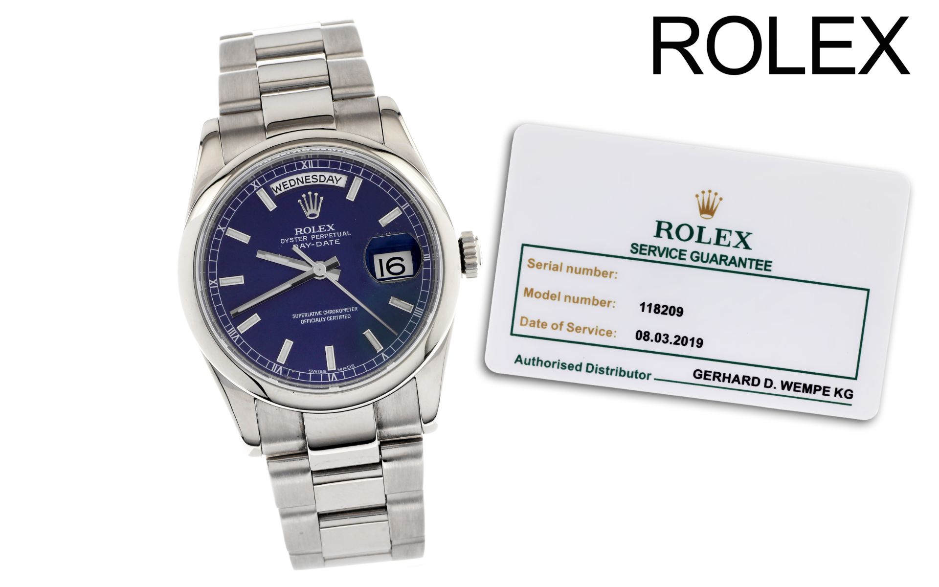 Rolex Day-Date Ref. 118209 Automatik 750/- Weissgold. ohne Box und ohne Papiere. Rolex Garantiekarte