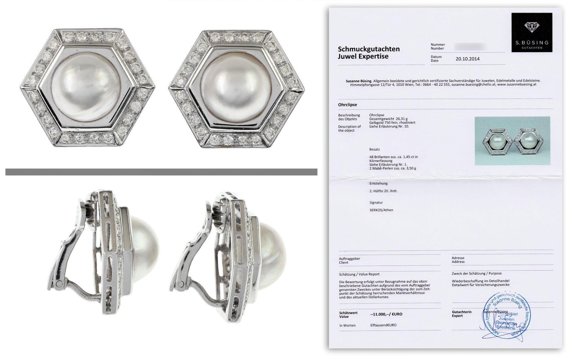 Ohrschmuck 26.31 gr. 750/- Weissgold mit Diamanten 1.45 ct und Mabe-Perlen mit Gutachten 11.000 â‚¬