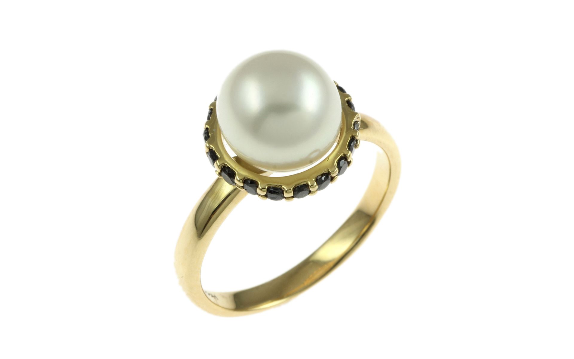 Ring 4.79 gr. 750/- Gelbgold mit schwarzen Diamanten und Suedsee-Zuchtperle Ringgroesse 55