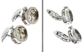 Manschettenknoepfe mit Uhrwerk 16.57 gr. 750/- Weissgold mit Diamanten 0.40 ct G/vs-si