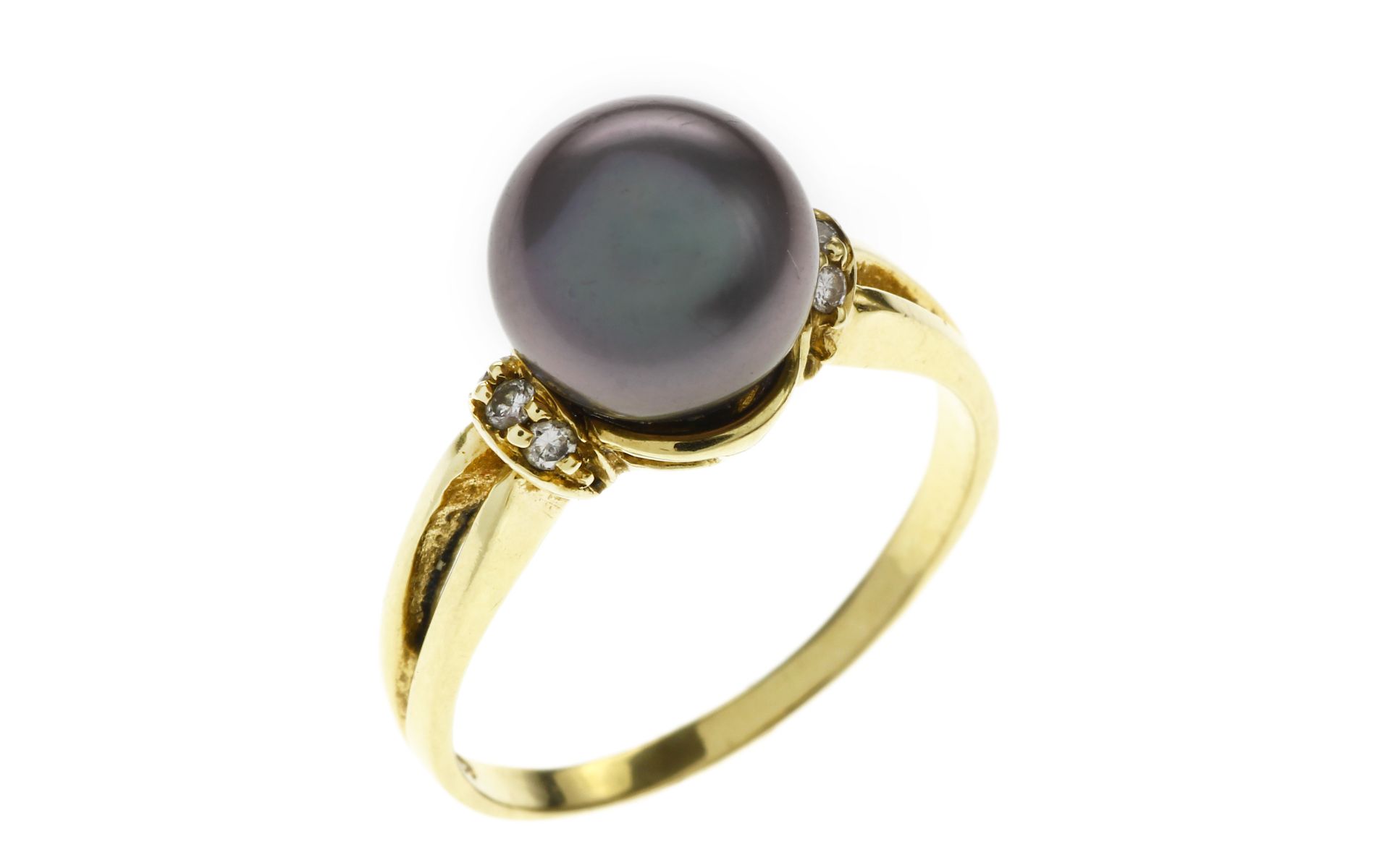 Ring 4.08g 585/- Gelbgold mit 6 Diamanten zus. ca. 0.06 ct. und Tahiti-Zuchtperle. Ringgroesse ca. 5