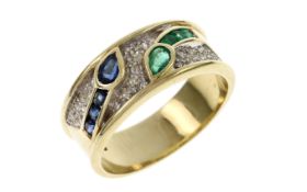 Ring 5.94g 585/- Gelbgold und Weissgold mit 25 Diamanten zus. ca. 0.25 ct.. Smaragden und Saphiren. 