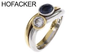 Hofacker Ring 11.66g 750/- Gelbgold und 950/- Platin mit Diamant ca. 0.25 ct. und Saphir. Ringgroess