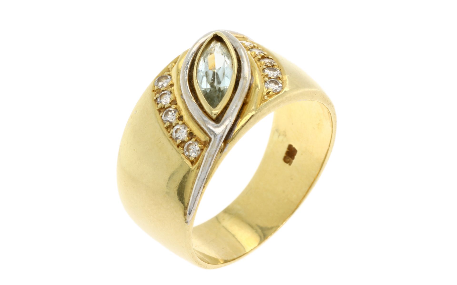 Ring 6.52g 585/- Gelbgold mit 10 Diamanten zus. ca. 0.20 ct. und Farbstein. Ringgroesse ca. 57