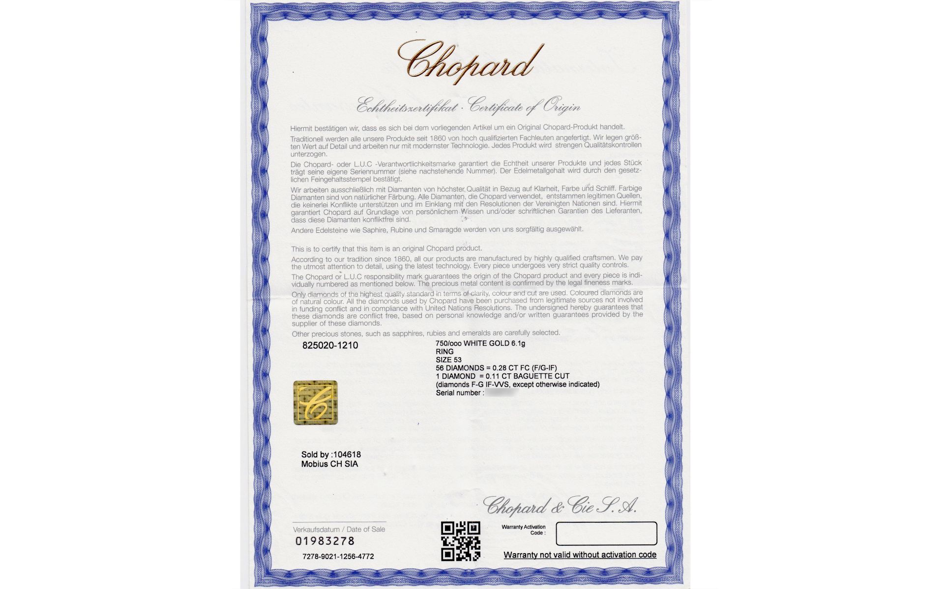 Chopard Ring Ref. 825020-1210 5.92g 750/- Weissgold mit Diamanten. mit Zertifikat. Ringgroesse ca. 5 - Bild 3 aus 3