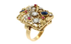 Ring 9.65g 585/- Gelbgold mit 12 Diamanten zus. ca. 0.60 ct.. Saphiren und Rubinen. Ringgroesse ca. 