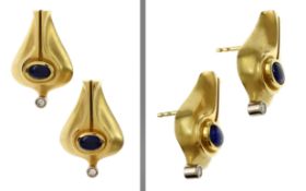 Ohrstecker 9.07g 750/- Gelbgold und Weissgold mit 2 Diamanten zus. ca. 0.04 ct. und Lapislazuli. ohn