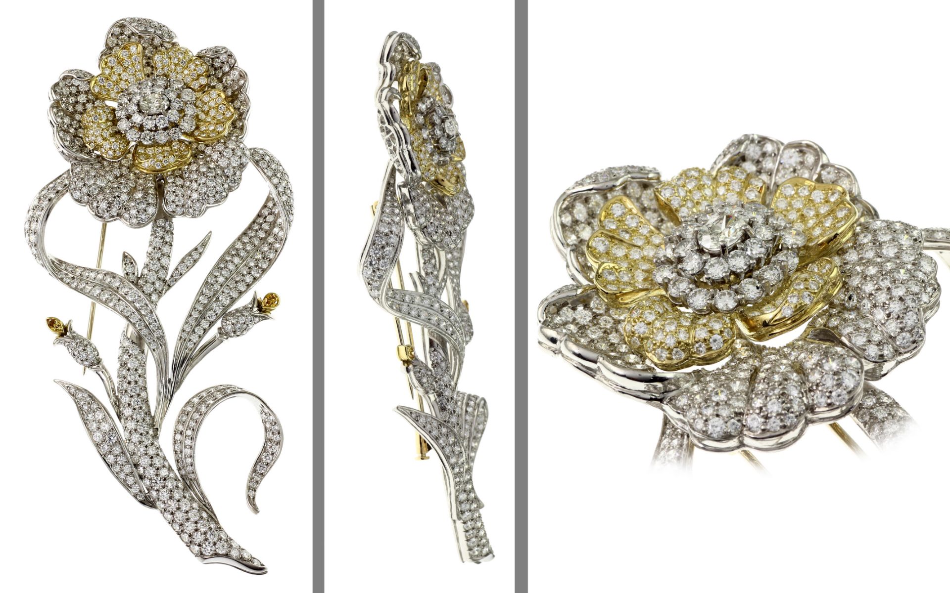 Brooch flower 95.75 gr. 750/- white gold and yellow gold and 950/- platinum with diamonds 30.70 ct