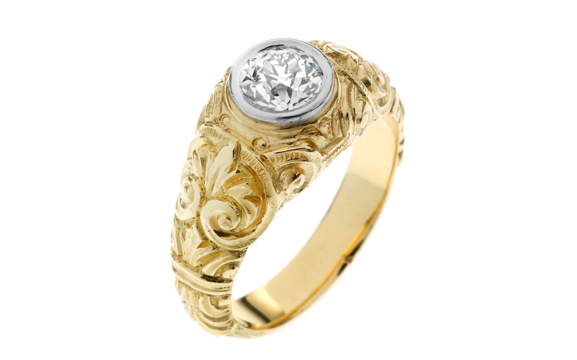 Ring 10.98g 585/- Gelbgold und Weissgold mit Diamant ca. 0.90 ct. J/p1. Ringgroesse ca. 56