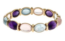 Armband 31.27g 750/- Gelbgold mit Aquamarinen. Amethysten und Rosenquarz. Laenge ca. 19.50 cm