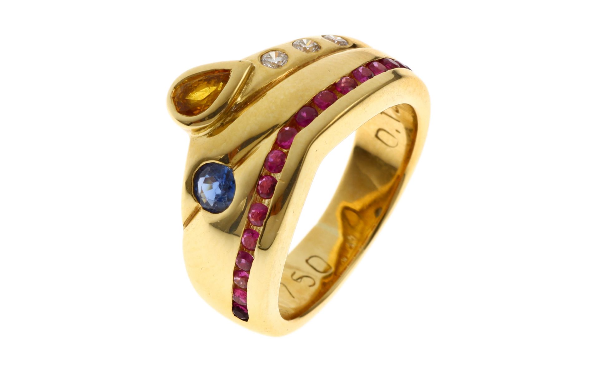 Ring 10.85g 750/- Gelbgold mit 3 Diamanten zus. ca. 0.12 ct.. Rubinen. Saphir und Citrin. Ringgroess