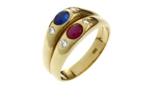 Ring 11.2g 585/- Gelbgold mit 4 Diamanten zus. ca. 0.24 ct. mit Saphir und Rubin. Ringgroesse ca. 65