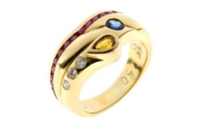 Ring 10.85g 750/- Gelbgold mit 3 Diamanten zus. ca. 0.12 ct.. Rubinen. Saphir und Citrin. Ringgroess