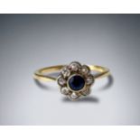 Ladies 18ct Gold, Diamond and Sapphire Daisy cluster ring. size O