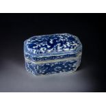 A CHINESE PORCELAIN BLUE & WHITE LIDDED BOX. PAINTED WITH WITH FIVE-CLAW DRAGONS AMONGST STYLISED F