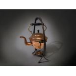 A 19TH CENTURY COPPER SPIRIT KETTLE ON STAND. HEIGHT - 35.5CM