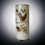 A VICTORIAN OPALESCENT GLASS VASE. POSSIBLY BRISTOL GLASS. HAND-PAINTED BIRD & FOLIATE DESIGN. RAISE