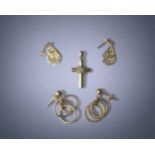 A 9ct Gold Diamond Chip Crucifix, together with 2 Pairs 9ct Gold Earrings. 5.6g,