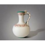 A MINTON PARIAN PORCELAIN EWER. 1853 DATE MARKS. HAND PAINTED SCROLLING VINE DESIGN, WITH DOUBLE RIB