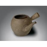 AN UNUSUAL JAPANESE POTTERY KYUSU 'WABI-SABI' TEAPOT. WITH OFFSET 'CROOKED' SPOUT & HANDLE. 12 X 21C