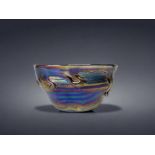A GLASSFORM IRIDESCENT GLASS BOWL. PROBABLY DITCHFIELD. LABEL TO BASE. 9 X 17CM