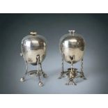 TWO VICTORIAN SILVER PLATE EGG CODDLERS. INCLUDING A BAMBOO FORM LEGS BY ATKIN BROS AND ANOTHER WALK