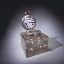 A LARGE STERLING SILVER & CUT GLASS INKWELL WITH INSET DETACHABLE POCKET WATCH. JOHN GRINSELL & SONS