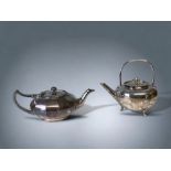 TWO 19TH CENTURY SILVER PLATE TEAPOTS.