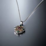 A 9ct White Gold Diamond and Emerald and Ruby Necklace.