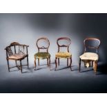 FOUR VICTORIAN CHAIRS, INCLUDING WALNUT & ROSEWOOD BALOON BACK CHAIRS, TOGETHER WITH A MAHOGANY INLA