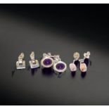 Three pairs of 925 silver and gem set earrings.