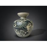 A VINTAGE THAI SUKHOTHAI TYPE POTTERY VASE. CRACKLE GROUND MONOCHROME PAINTED WITH SWIMMING FISH. H
