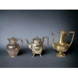 A COLLECTION OF THREE 19th CENTURY SILVER PLATE TEA & COFFEE POTS. INCLUDING JAMES DEAKIN & SONS, AT