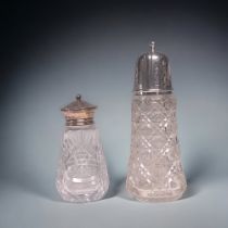 TWO STERLING SILVER & CUT GLASS SUGAR SIFTERS. BRITISH HALLMARKS. TALLEST - 17.5CM