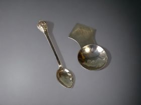 A STERLING SILVER BERNHARD HERTZ, DENMARK CROWN TEASPOON, TOGETHER WITH STERLING SILVER CADDY SPOON.
