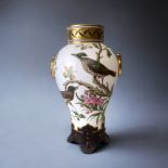 A CHRISTOPHER DRESSER FOR MINTON PORCELAIN VASE. 1861 DATE MARKS. HAND PAINTED BIRDS AMONGST BLOSSOM