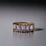 A 9ct gold ladies 5 stone (Emerald cut) Amethyst ring. Size W