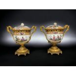 A PAIR OF 19TH CENTURY MEISSEN & BARBEDIENNE ORMOLU BRONZE MOUNTED CAMPANA VASES. HAND PAINTED (PROB