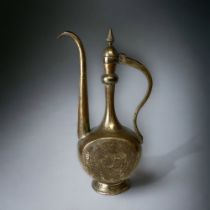 A LARGE TURKISH COPPER SURAHI / DALLAH COFFEE POT. TINNED COPPER, ENGRAVED ENAMELS, WITH STYLISED