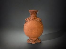 A 19TH CENTURY WATCOMBE POTTERY MOON FLASK VASE. RELIEF MOUNTED WITH STYLISED ZOOMORPHIC MASKS TO