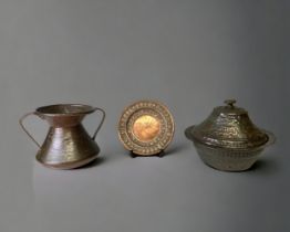 A COLLECTION OF ANTIQUE ASIAN METAL WARES. INCLUDING AN ISLAMIC LIDDED COPPER DISH, A TURKISH TWIN-