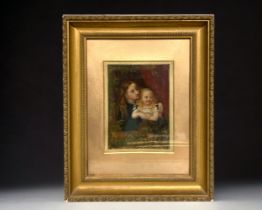 A 19TH CENTURY OIL ON CANVAS. DEPICTING 'MOTHER & CHILD', IN GILT FRAME. UNSIGNED. 45 X 36CM