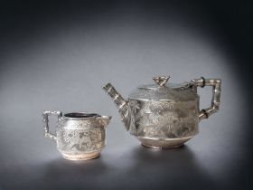 A VICTORIAN CHRISTOPHER DRESSER STYLE SILVER PLATE TEAPOT & MILK JUG. JAPANESE INSPIRED 'BAMBOO'