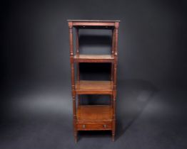 VICTORIAN MAHOGANY ETAGERE BOOKECASE. WITH SINGLE DRAWER, ON CASTERS.