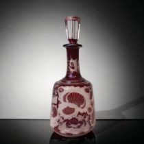19TH CENTURY BOHEMIAN FLASH CUT GLASS CRANBERRY DECANTER, AF - CHIPS TO STOPPER