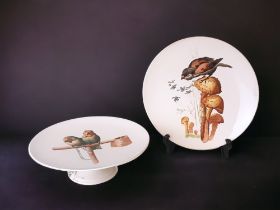 A SCARCE GUSTAV LEONCE FOR CAULDON PLATE & TAZZA. PRINTED BIRD DESIGNS. AF - CHIP TO BASE OF RIM