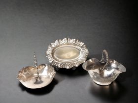 19TH CENTURY SILVER PLATE HANDLED POTS AND A TRAY