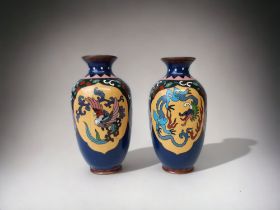 PAIR JAPANESE CLOISONNE VASES. MEIJI PERIOD. DEPICTING DRAGONS & PHOENIX. HEIGHT - 12CM