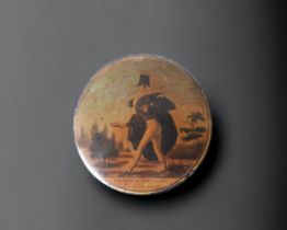 AN EARLY 19TH CENTURY FRENCH PAPIER MACHE SNUFF BOX. DEPICTING 'L'HOMME A DEUX FACES' (THE TWO FACED