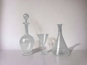 HARRY POWELL STYLE GLASS CARAFFE, DECANTER & WINE GLASS.